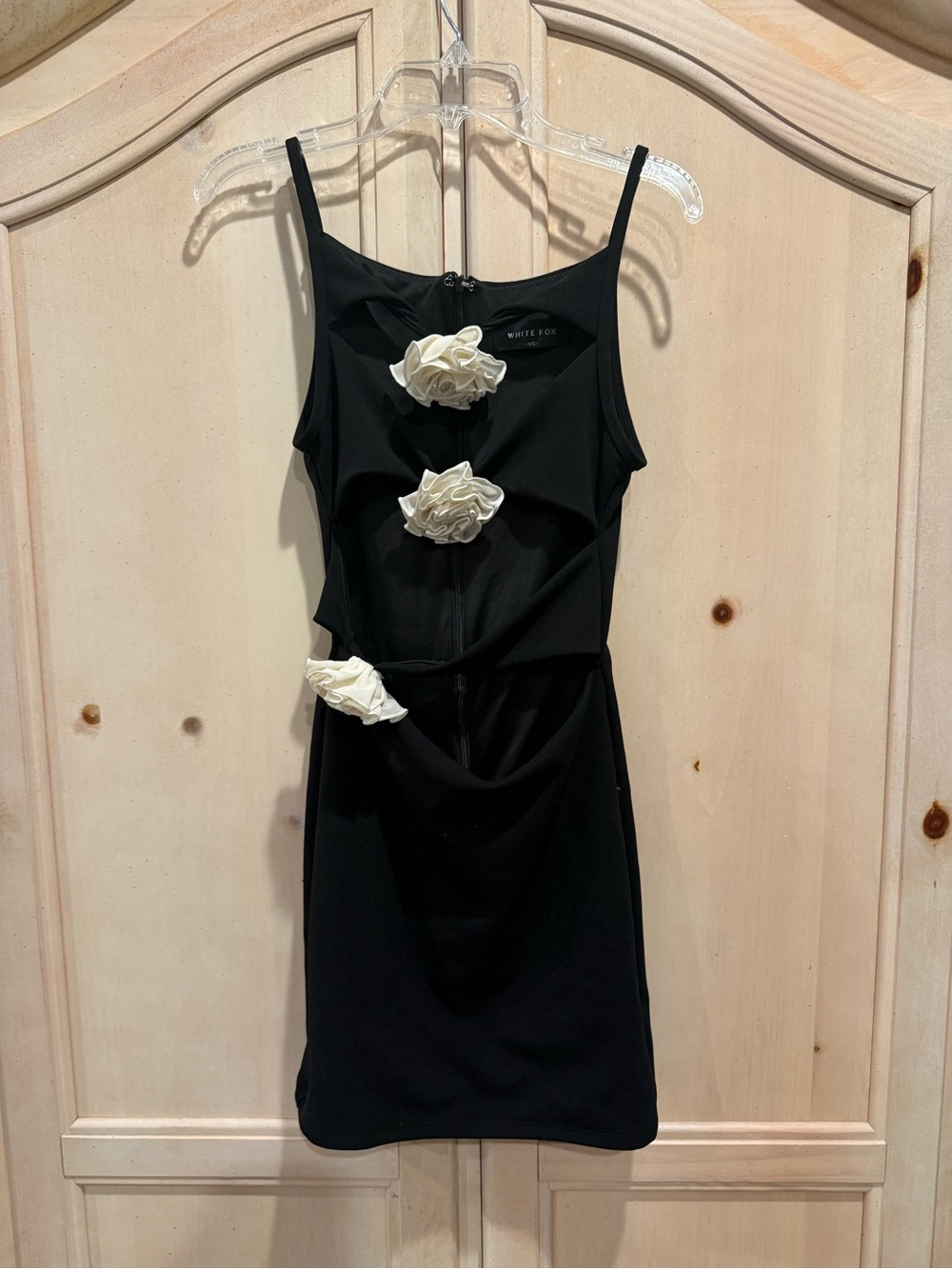 White Fox Boutique Black Mini Dress with Cream Floral Accents